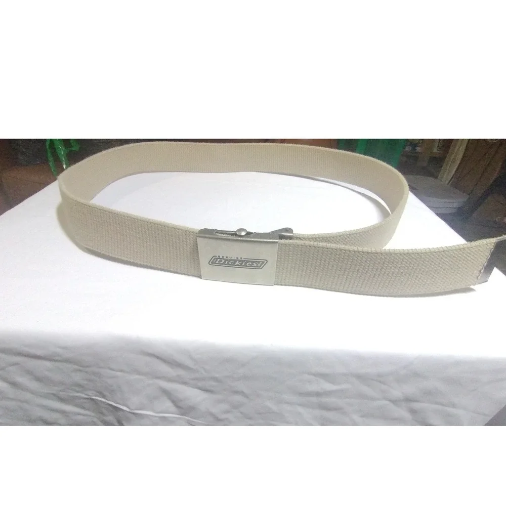 Dickies Mens Khaki Beige Canvas Web Belt Silver Logo Slider Buckle 47 Inch